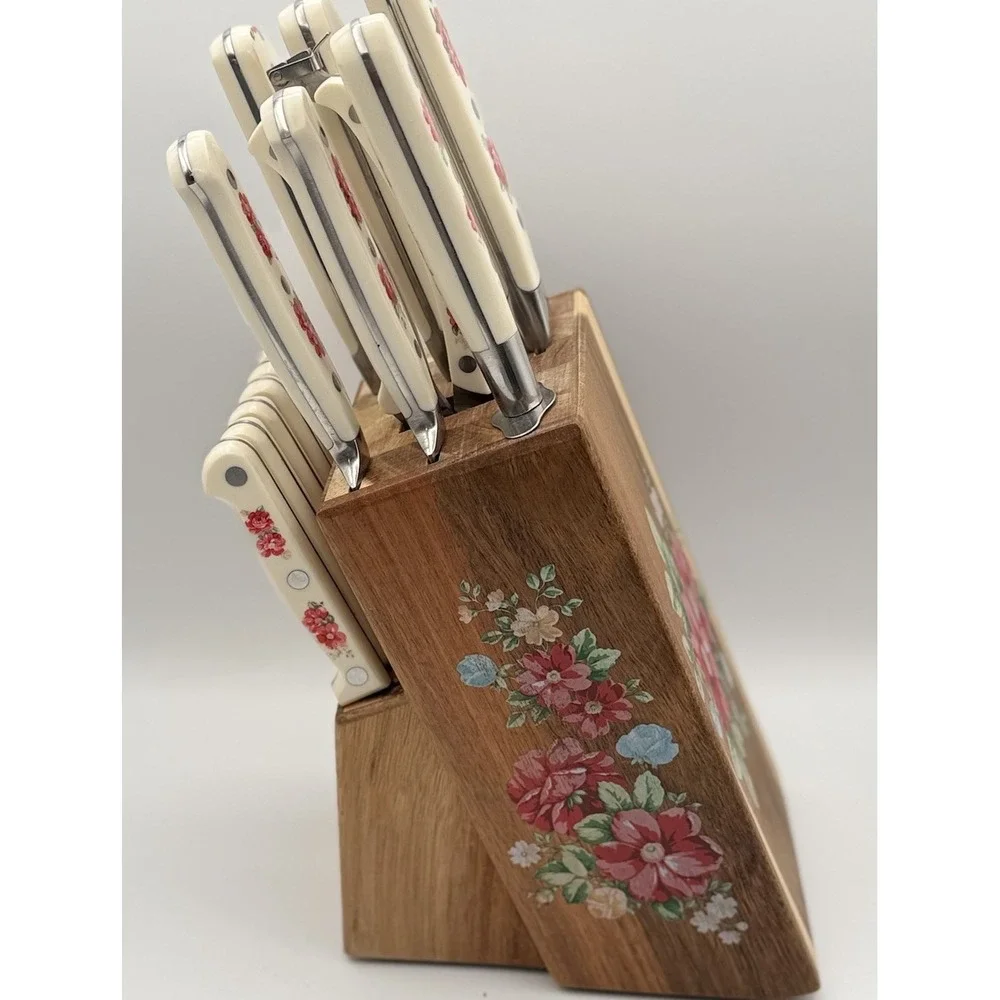 Vtg Pioneer Woman Floral 14-Piece Cutlery Kitchen Set Wood Block Retired #5617